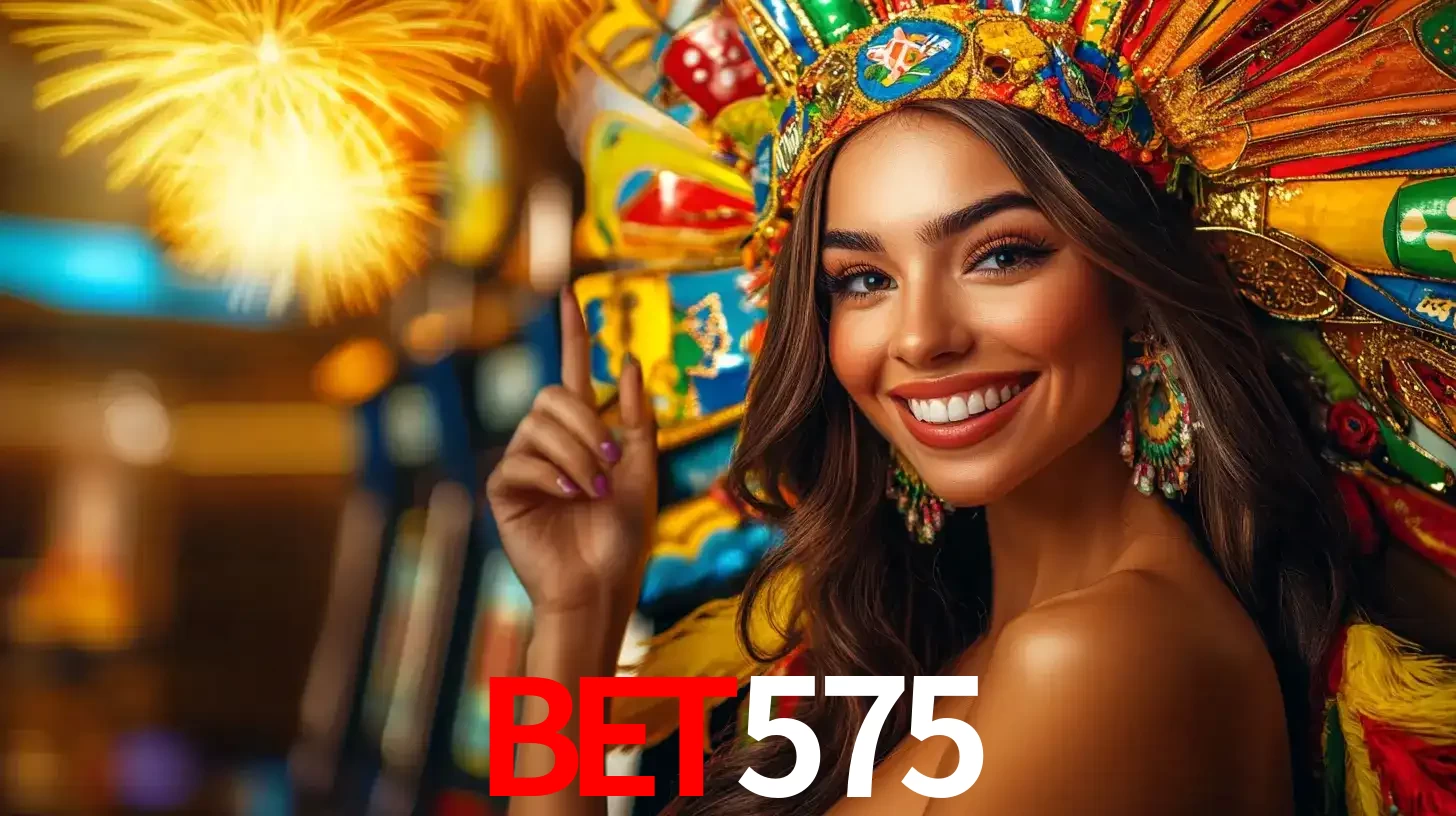 Mulher sorridente com um cocar de carnaval vibrante e colorido, celebrando uma grande vitória nos jogos do cassino bet575 com fogos de artifício ao fundo.