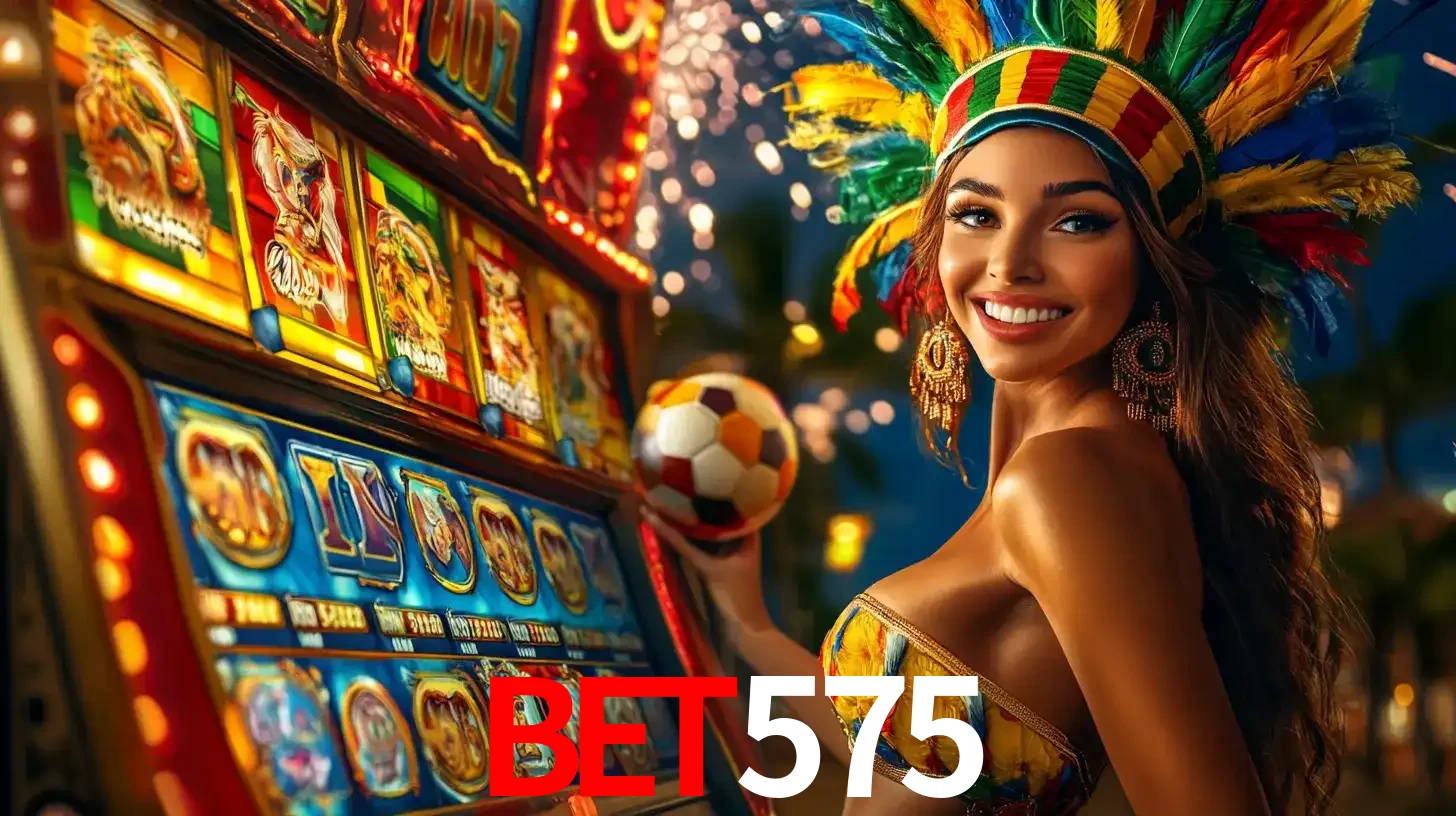 Mulher com um cocar de carnaval ao lado de uma máquina de caça-níqueis enquanto segura uma bola de futebol, mostrando a união da diversão de cassino e esportes no bet575.