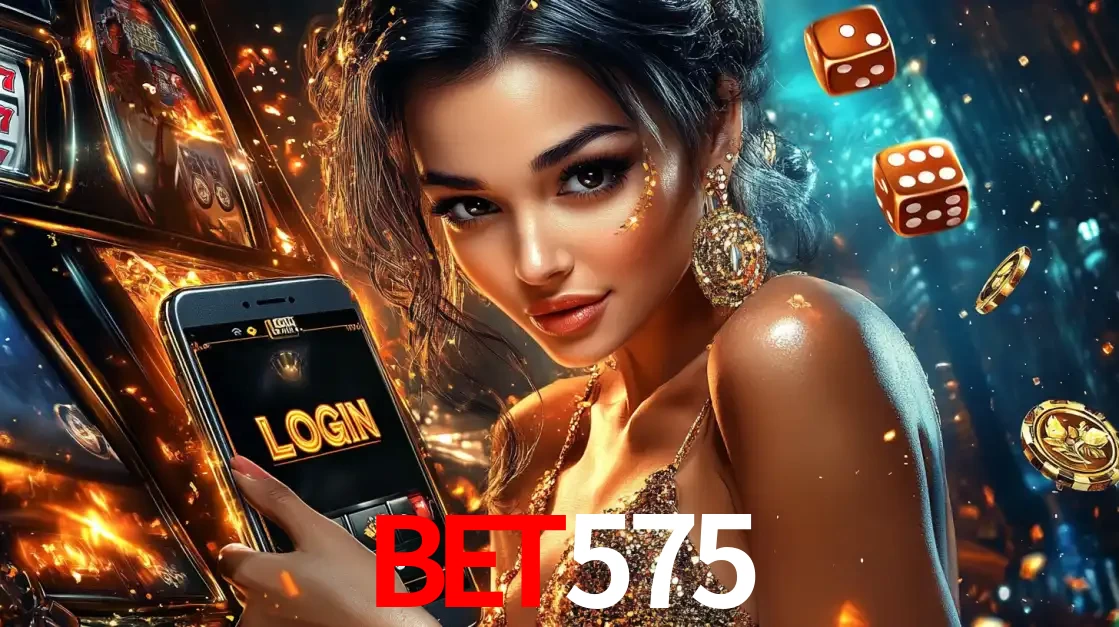 Mulher glamourosa segurando um celular com a tela de login do cassino bet575, rodeada por dados e moedas douradas, pronta para começar a diversão.