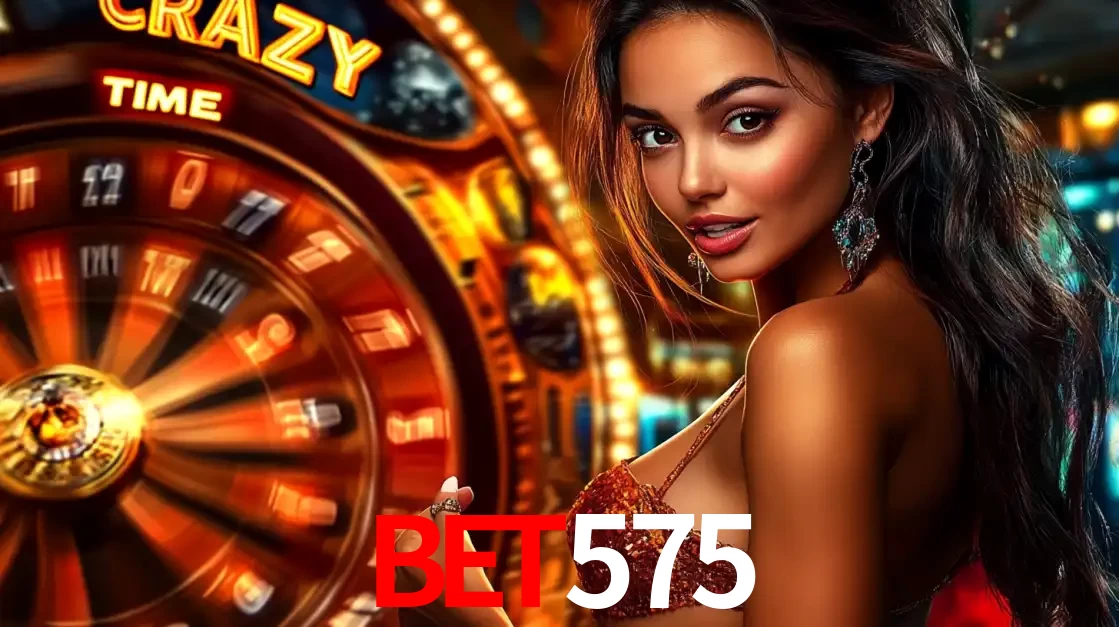Mulher ao lado da roda de prêmios do jogo de cassino ao vivo Crazy Time, um dos shows de jogos mais emocionantes oferecidos pela plataforma de apostas bet575.