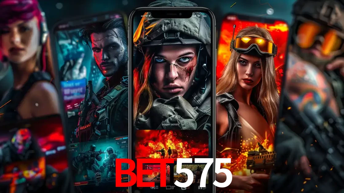 Montagem de telas de celular mostrando diversos personagens, masculinos e femininos, de um jogo de tiro, ilustrando a diversidade de equipes de e-sports para apostar no bet575.