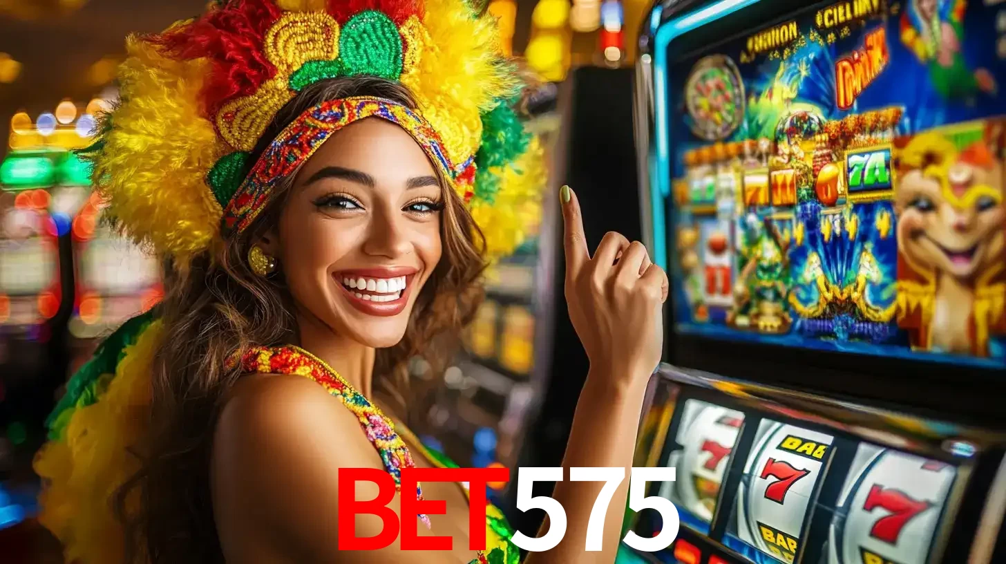 Mulher animada com um cocar de carnaval apontando para uma máquina de caça-níqueis, mostrando a emoção de ganhar um grande prêmio nos jogos do bet575.