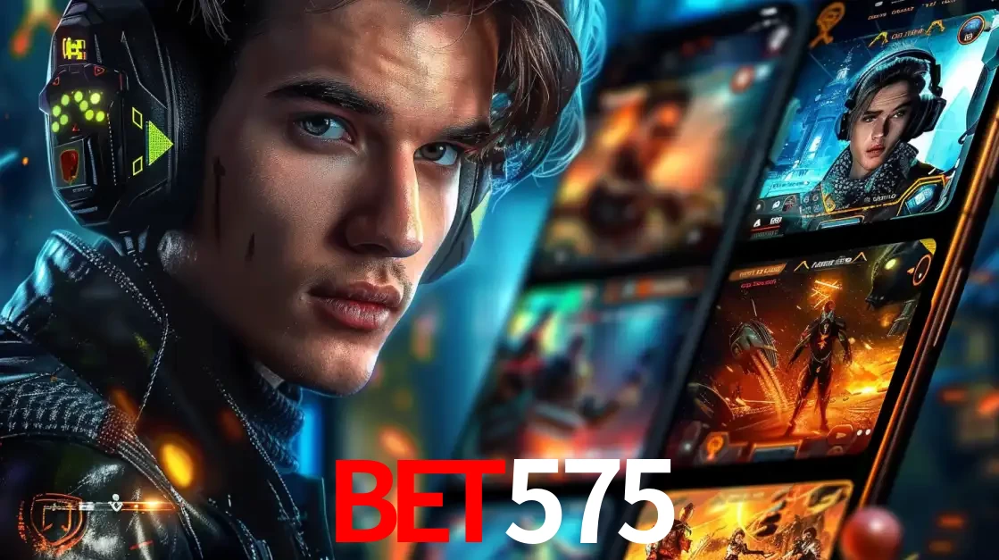 Jovem jogador com fones de ouvido olhando para a câmera, com um aplicativo de jogos e e-sports para celular ao fundo, pronto para a competição e apostas no bet575.