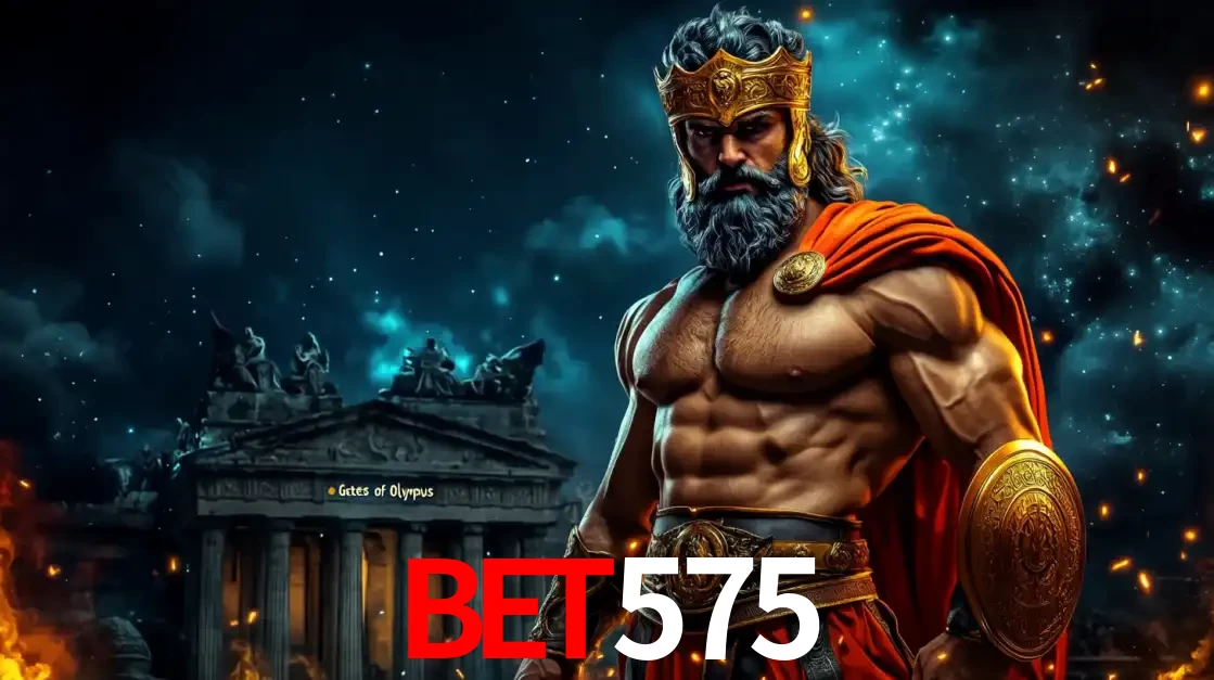 O poderoso Zeus do jogo de slot Gates of Olympus em frente ao seu templo, pronto para lançar multiplicadores divinos e prêmios épicos no cassino online bet575.
