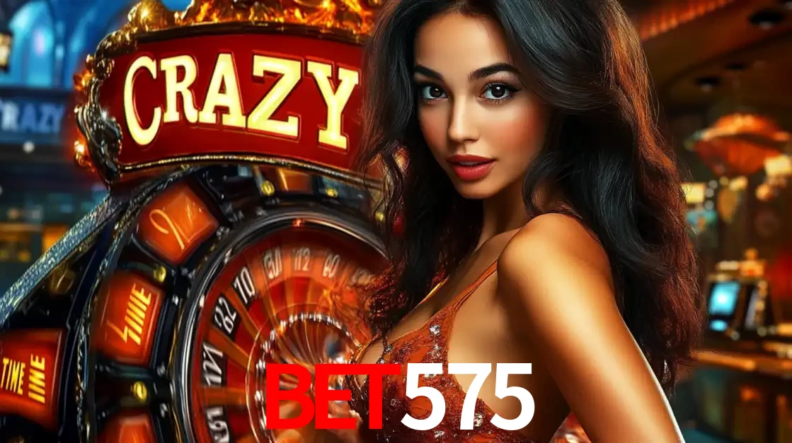 Mulher glamourosa olhando para a câmera com a roda vermelha do Crazy Time ao fundo em um ambiente de cassino, destacando a emoção dos jogos ao vivo no bet575.
