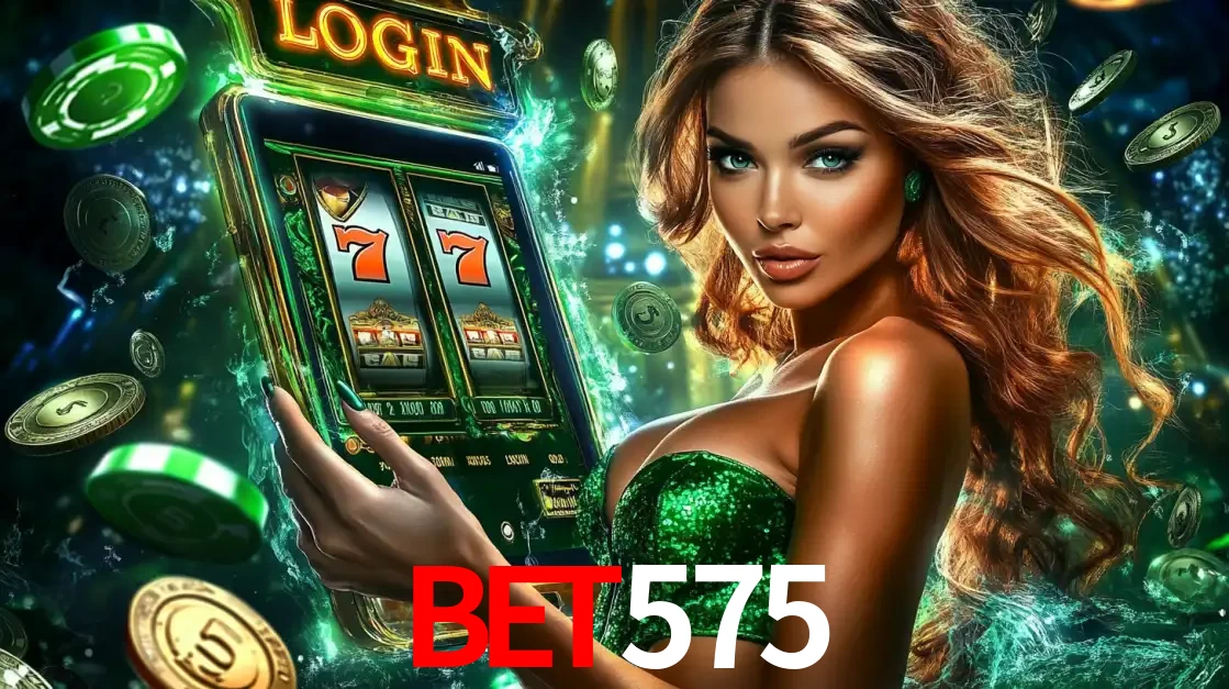 Mulher com tema verde apresentando o aplicativo do cassino bet575 com um jogo de slot de 777, cercada por fichas de cassino e uma aura de sorte.