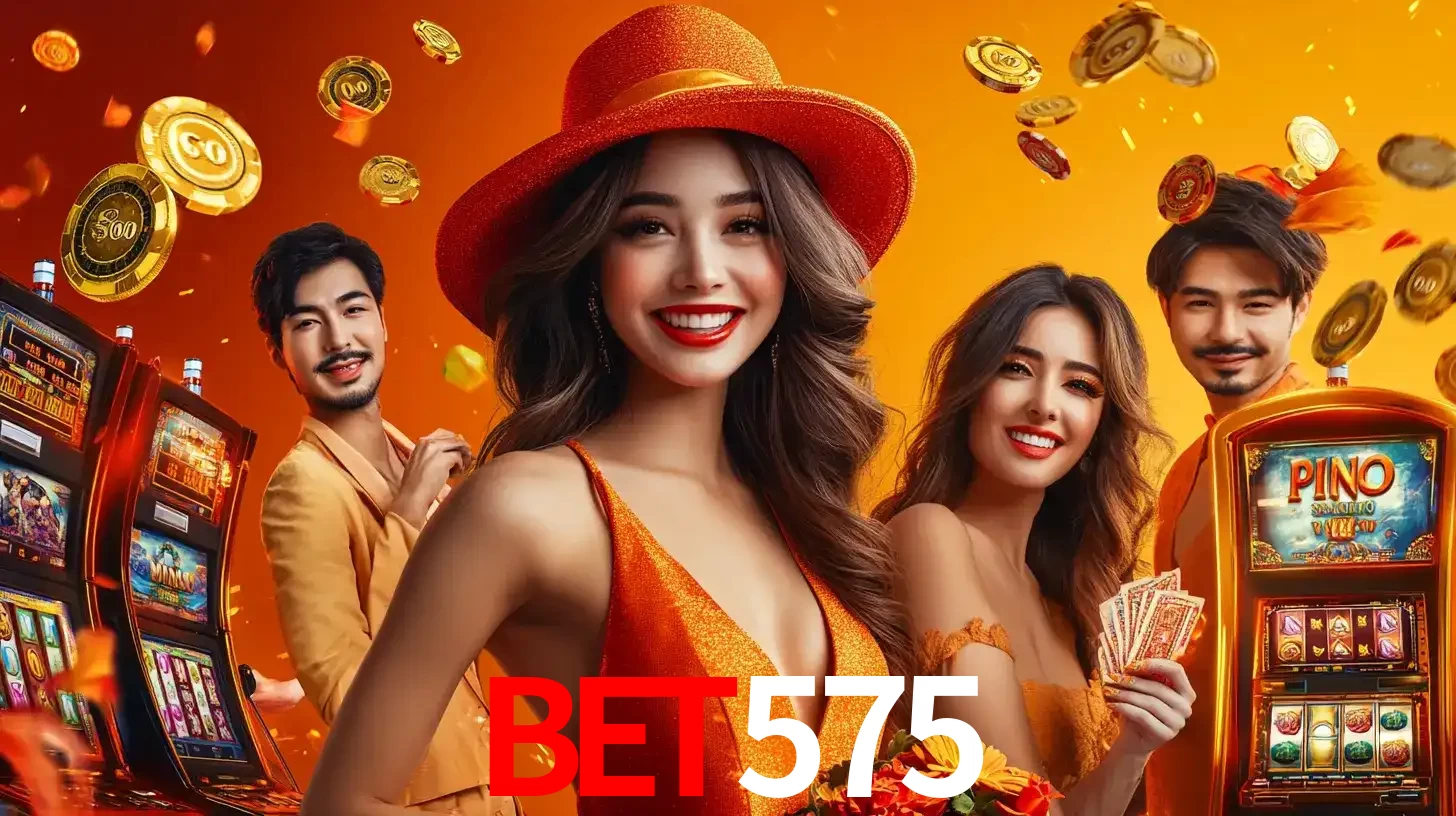 Grupo de amigos asiáticos sorrindo e se divertindo com máquinas de caça-níqueis em um ambiente festivo, celebrando suas vitórias nos jogos de cassino do bet575.