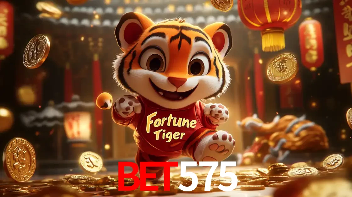 O alegre personagem do Fortune Tiger correndo sobre um caminho de moedas de ouro, simbolizando os grandes prêmios e a diversão do popular jogo de slot do bet575.