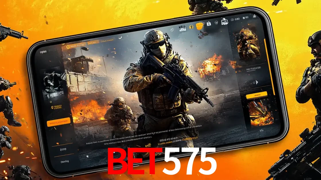 Um smartphone exibindo a interface de um jogo de tiro em primeira pessoa, com um soldado em um cenário de batalha, representando a ação dos e-sports para apostar no bet575.