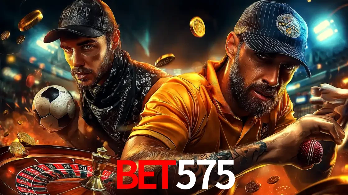 Montagem de apostas esportivas e cassino no bet575, com um homem segurando uma bola de futebol e outro uma de beisebol sobre uma roleta e moedas voadoras.