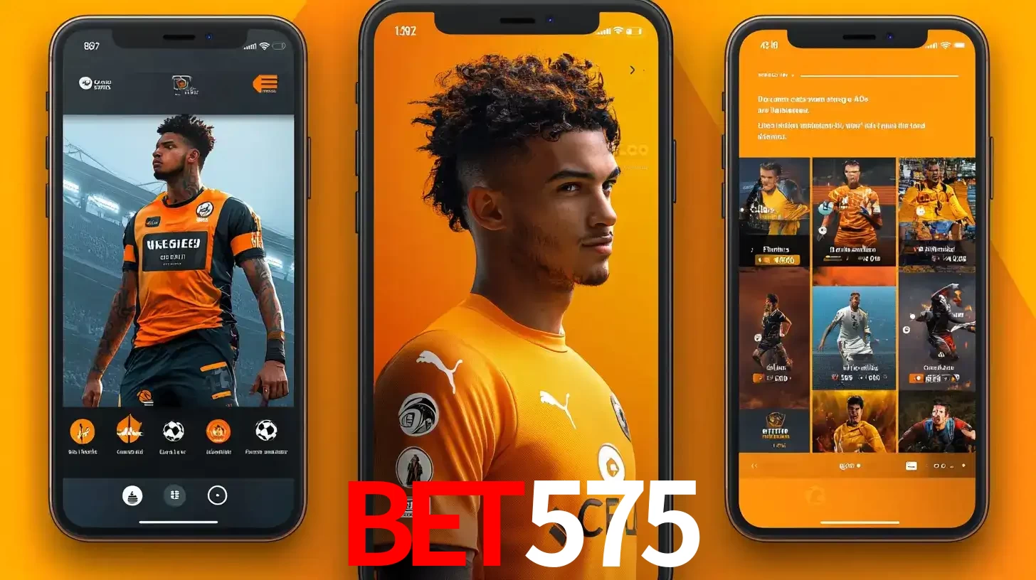 Interface do aplicativo de apostas esportivas bet575 em três telas de celular, mostrando o perfil de um jogador de futebol e a lista de jogos disponíveis para apostar.