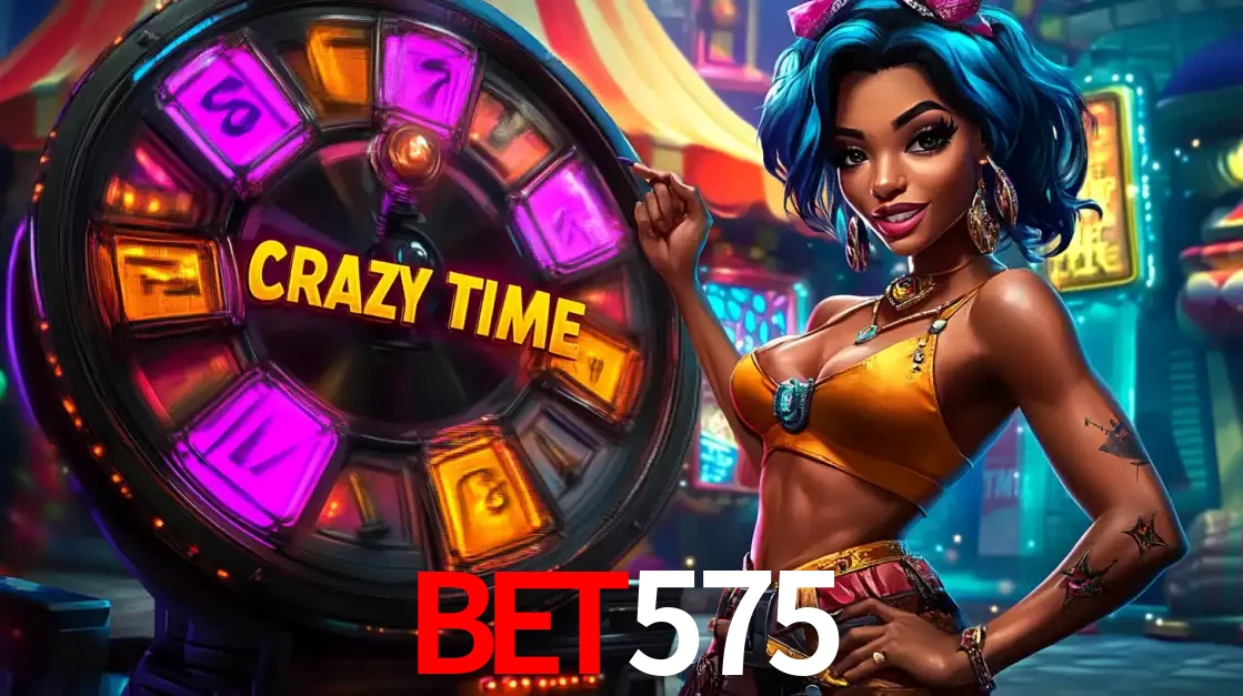 Mulher estilizada com cabelo azul e visual vibrante posando ao lado da roda de prêmios do game show Crazy Time, convidando para a diversão e os bônus do cassino bet575.