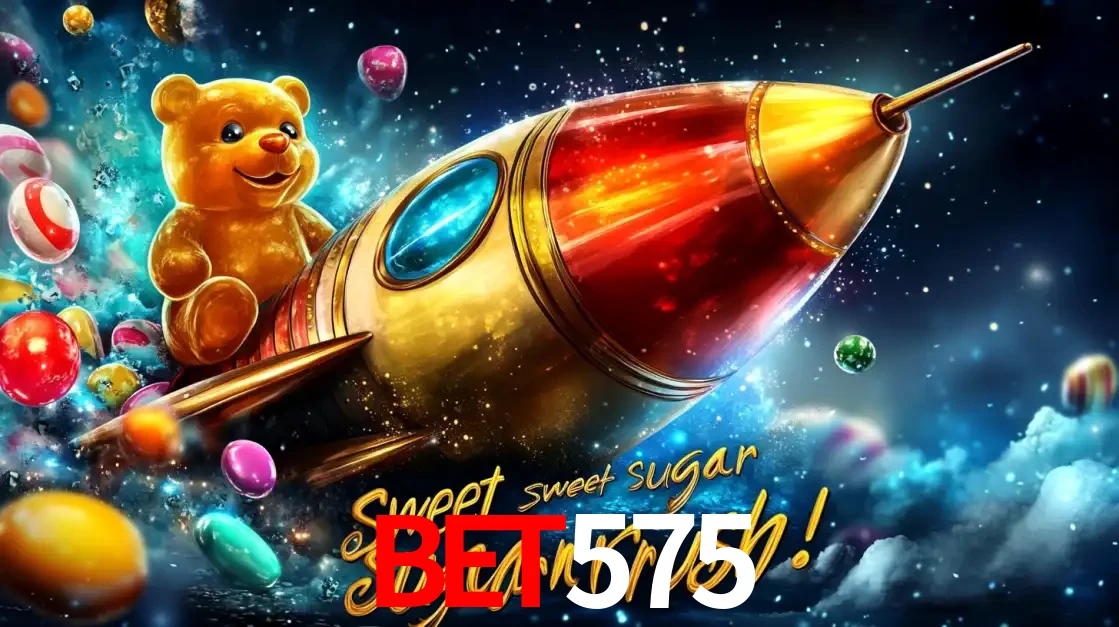 Arte promocional do jogo de slot Sugar Rush, com um urso de pelúcia em um foguete viajando pelo espaço de doces, um dos jogos divertidos disponíveis no cassino bet575.