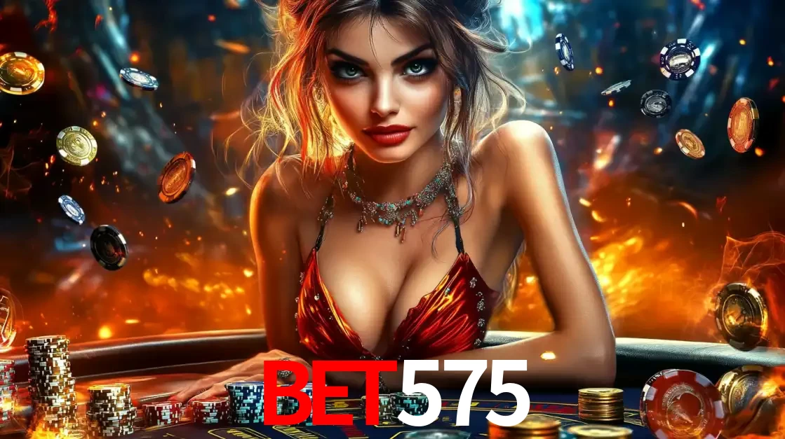 Mulher em uma mesa de cassino com pilhas de fichas e um fundo de fogo, pronta para uma rodada de altas apostas nos jogos de mesa emocionantes do cassino bet575.