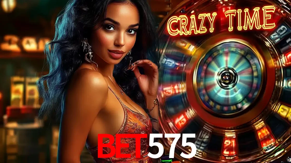 Mulher elegante ao lado da vibrante roda da fortuna do jogo de cassino ao vivo Crazy Time, um dos game shows mais populares e cheios de prêmios do bet575.
