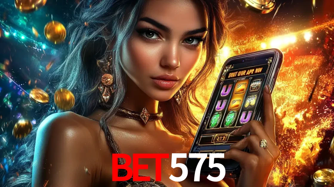 Mulher elegante mostrando um jogo de caça-níqueis em seu smartphone, destacando a experiência de cassino móvel oferecida pelo aplicativo bet575.