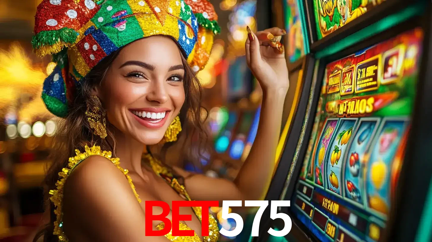 Mulher feliz com traje de carnaval amarelo e colorido ao lado de uma máquina de caça-níqueis, aproveitando a diversão e os jogos temáticos do cassino bet575.
