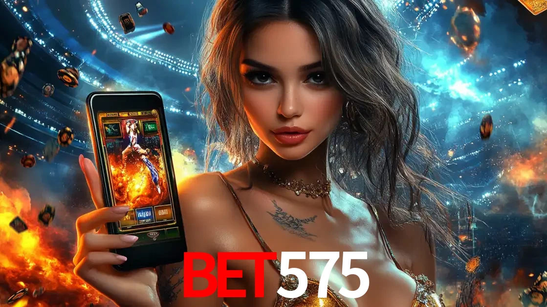 Mulher segurando um celular com um jogo de slot em destaque, tendo como fundo um estádio vibrante, simbolizando a emoção de jogar no cassino móvel bet575.