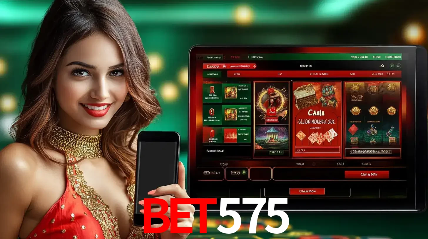 Mulher sorridente segurando um smartphone, ao lado de uma tela exibindo o lobby de jogos do cassino online bet575, com várias opções de jogos de cartas e slots.